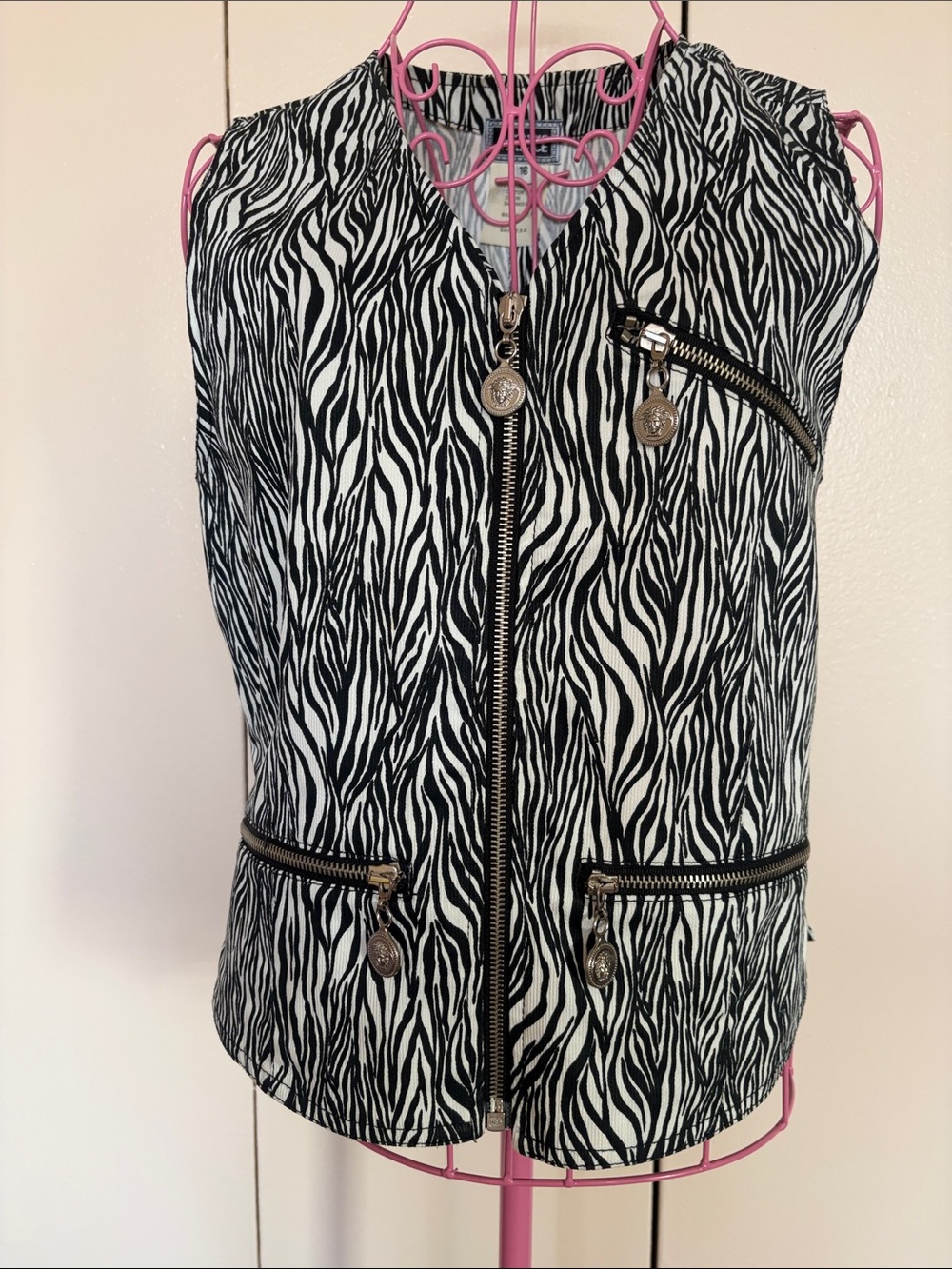 Versace Black and White Zebra Print Zip Vest